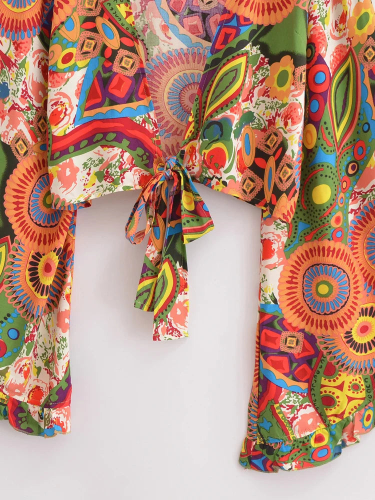 Boho Vintage Floral Print Beach Summer Short Kimono Women 2025 Fashion Ruffles Flare Sleeves Vacation Bohemian Bikini Cover-ups - Matrix Studios