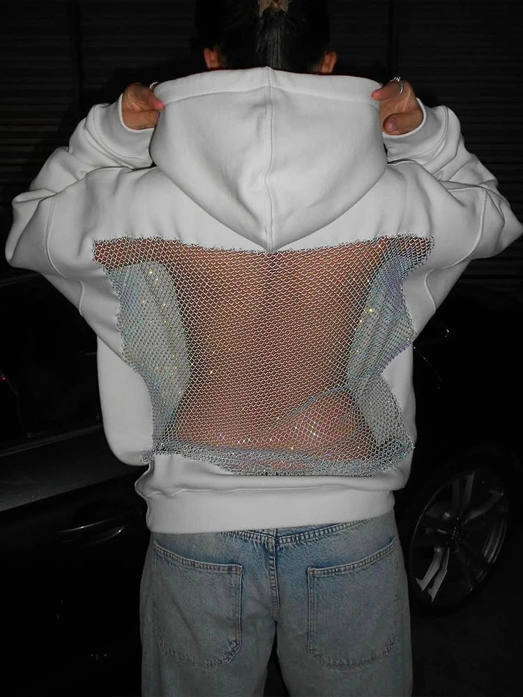Sisterlinda Hooded Harajuku Sweatshirt Women Autumn Trend Backless ShinyThrea Mesh Patchwork Casual Street Hipster Pulloverr - Matrix-studios.com