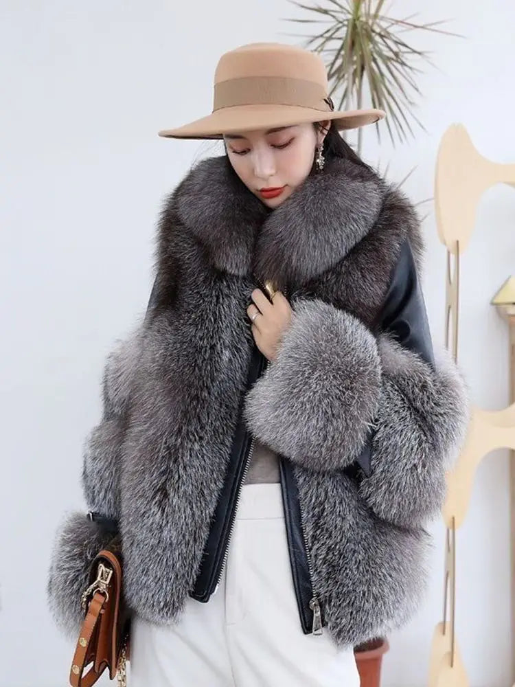 New brand winter Real Fox Fur Coats With Genuine Sheepskin Leather Wholeskin Natural Fox Fur Jacket Outwear Luxury Women Fur - Matrix Studios