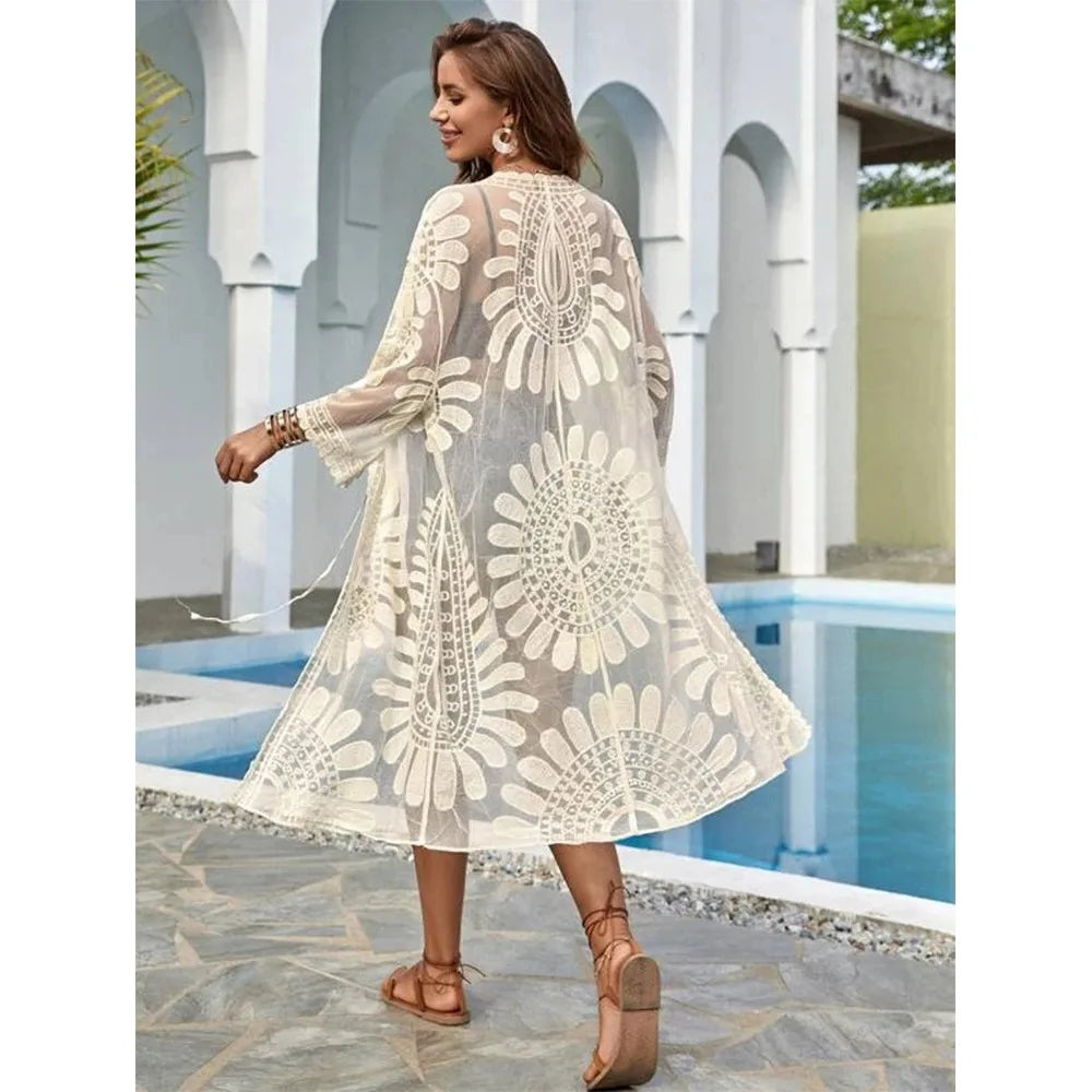 New Sun Protection Bikini Cover up V-Neck Sunflower Woman Bikini Cover-up Embroidered Lace Swimsuit Spring Summer - Matrix Studios