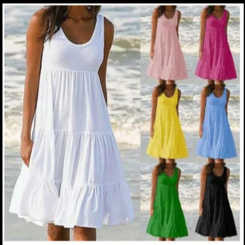 Bohemian Women's Casual O Neck Sleeveless Ruffle Mini Dress Solid Color Beach Tank Top Oversized Loose Dress Plus Size Women3029 - Matrix-studios.com