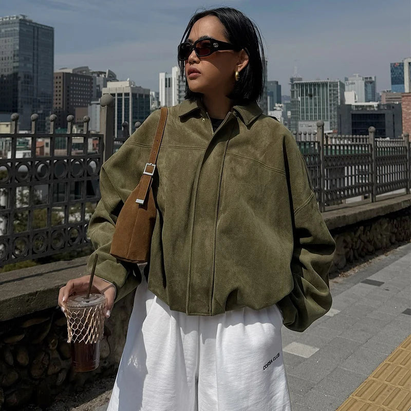 HXAO Women's Bomber Jacket Lapel Long Sleeve Zipper Suede Jacket Women 2025 High Street Cropped Racing Jackets Coats Outerwears - Matrix-studios.com