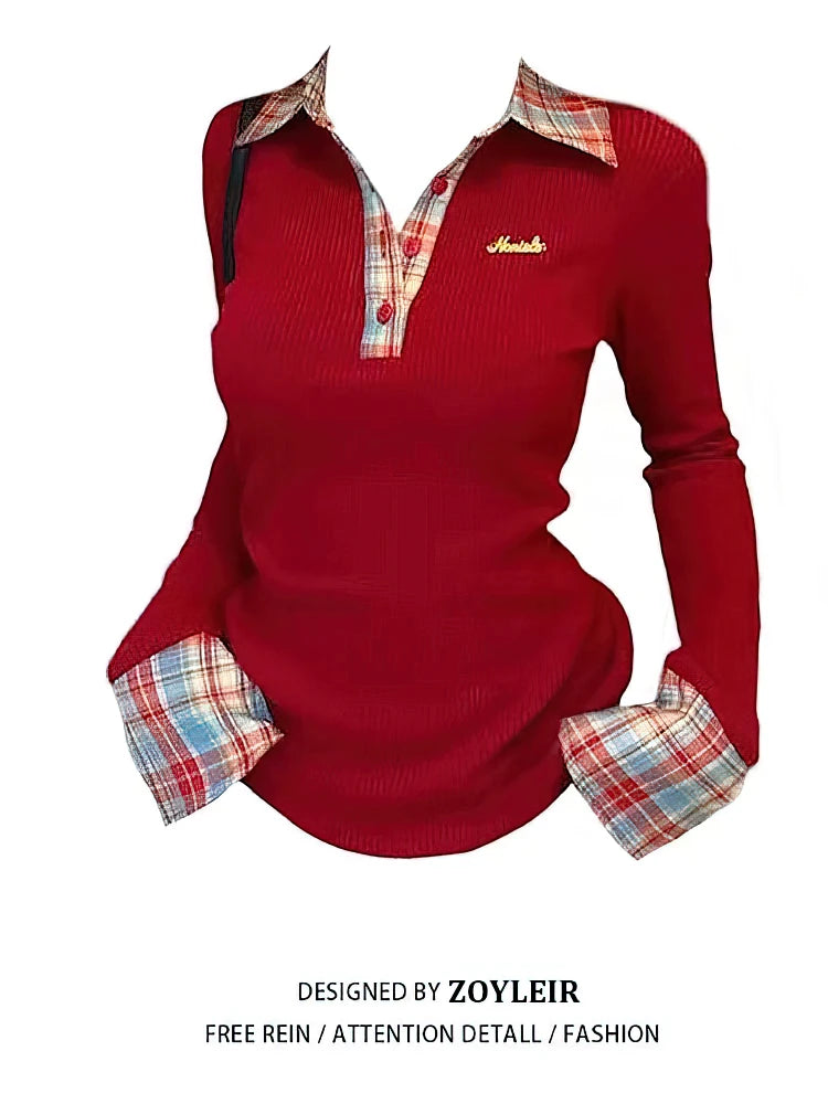 Preppy Polo Neck Plaid Long Sleeve Layered T Shirt Women Fake Two-piece Basic Top V Neck Button Blouses Tees Embroidery - Matrix-studios.com