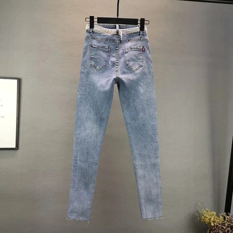 Oversized 5XL High Waist Elastic Skinny Jeans Women New Slim Vintage Diamonds Pencil Trousers Casual Ankle-length Denim Pants - Matrix-studios.com