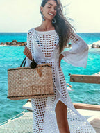 Crochet White Knitted Beach Cover Up Dress Tunic Long Pareos Bikinis Cover Ups Swim Cover Up Robe Plage Beachwear - Matrix Studios