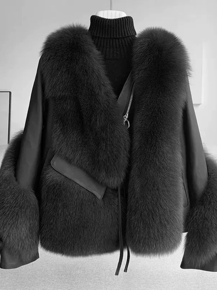 OFTBUY 2022 Real Fur Coat Winter Jacket Women Natural Fox Fur Genuine Leather Outerwear  Streetwear Locomotive Thick Warm New - Matrix Studios