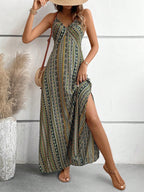 Women's Summer Ethnic Pattern Backless Split Thigh Dress Ladies Summer Clothes Boho Fashion Frill Trim Long Dress for Beach - Matrix-studios.com