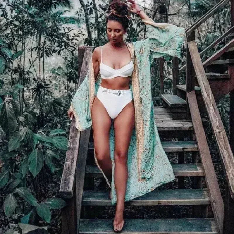 Boho Queens Fashion Women Green Floral Print Bat Sleeve Rayon Beach Bohemian Kimono Ladies V Neck Boho Robe Bikini Cover-ups - Matrix Studios