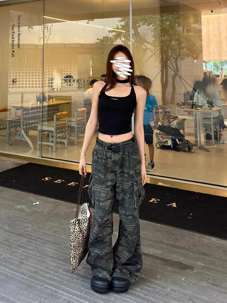 plus Size American Retro Camouflage Casual Work Pants Women's Loose Wide Leg Jeans Autumn New Sle High Waist Zipper Closure - Matrix-studios.com