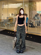 plus Size American Retro Camouflage Casual Work Pants Women's Loose Wide Leg Jeans Autumn New Sle High Waist Zipper Closure - Matrix-studios.com