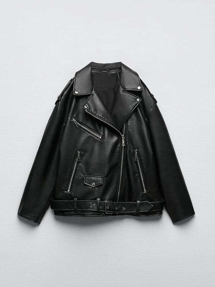 Ailegogo Women Loose Motorcycle Biker Black Pu Faux Leather Jacket with Belt Spring Autumn Female Zipper Coat Outwear - Matrix Studios