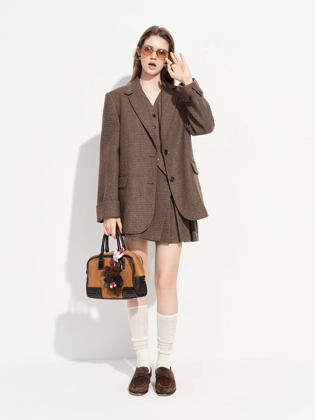 FSLE【Premium Series】New Women's Brown Wool Checkered Suit Set Blazer Vest Skirt Three Piece Coord Vintage Office Chic Suiting - Matrix-studios.com