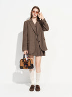 FSLE【Premium Series】New Women's Brown Wool Checkered Suit Set Blazer Vest Skirt Three Piece Coord Vintage Office Chic Suiting - Matrix-studios.com