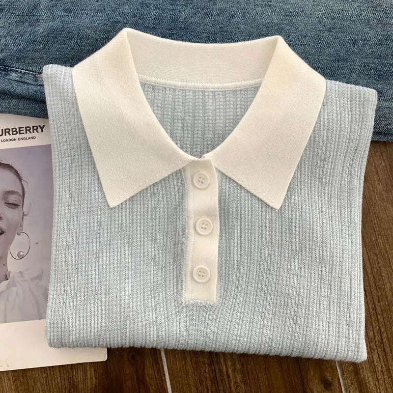 Women's Clothing Blue Polo Thin Style T-shirt Summer Button Casual  Short Sleeve Tee Office Lady Turn-down Collar Versatile Tops