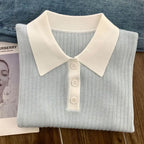 Women's Clothing Blue Polo Thin Style T-shirt Summer Button Casual  Short Sleeve Tee Office Lady Turn-down Collar Versatile Tops
