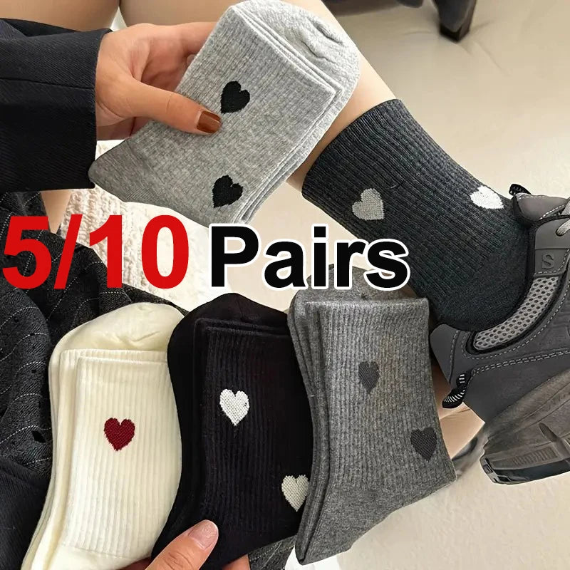 5/10 Pairs Women Heart-Shaped Pattern Middle Tube Socks Fashionable Printing Soft Comfortable Sweat Absorbing Breathable Socks - Matrix Studios