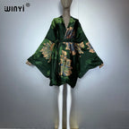 WINYI Bohemian Print Kimono Beach Outfits Women Swim Suit Cover Up Maxi Cardigan Stitch Self Belt Holiday Long Sleeve Print Coat - Matrix Studios