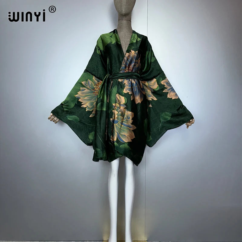 WINYI Bohemian Print Kimono Beach Outfits Women Swim Suit Cover Up Maxi Cardigan Stitch Self Belt Holiday Long Sleeve Print Coat - Matrix Studios