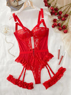 2pcs Red Floral Lace Garter Lingerie Set With Choker Women Intimates 2022 Underwire Bra And Thongs Ladies Underwear Set - Matrix-studios.com