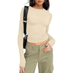 1pcs Four Seasons Fashion Senior Women T-shirt Long Sleeve Crew Neck Solid Slim Fit Tee Ladies Crop Top  Daily Streetwear Camis - Matrix-studios.com