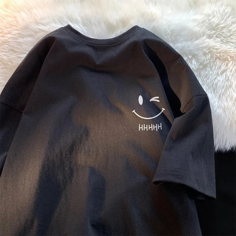 Men Women's Smiling Face Funny Fashion Couple Short Sleeved T-shirt American Basic Simple Oversized Loose Boys' Pullover Top - Matrix-studios.com