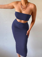 Hugcitar Women Elegant 2 Pcs Sets Strapless Sexy Tube Crop Tank Top Maxi Skirt 2025 Summer Women Casual Clothes Party Festival - Matrix-studios.com