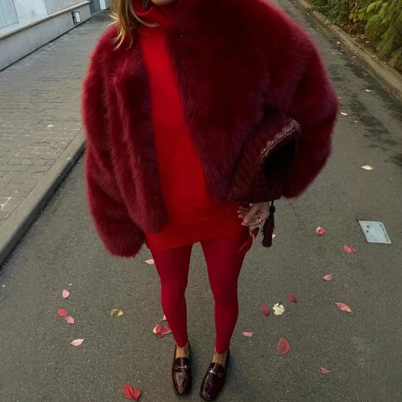 Tuularose Women Fur Coat Women 2025 Plush Red Bomber Jacket Solid Crop Long Sleeve Jacket Warm Winter Coats Female Casual Coats - Matrix Studios