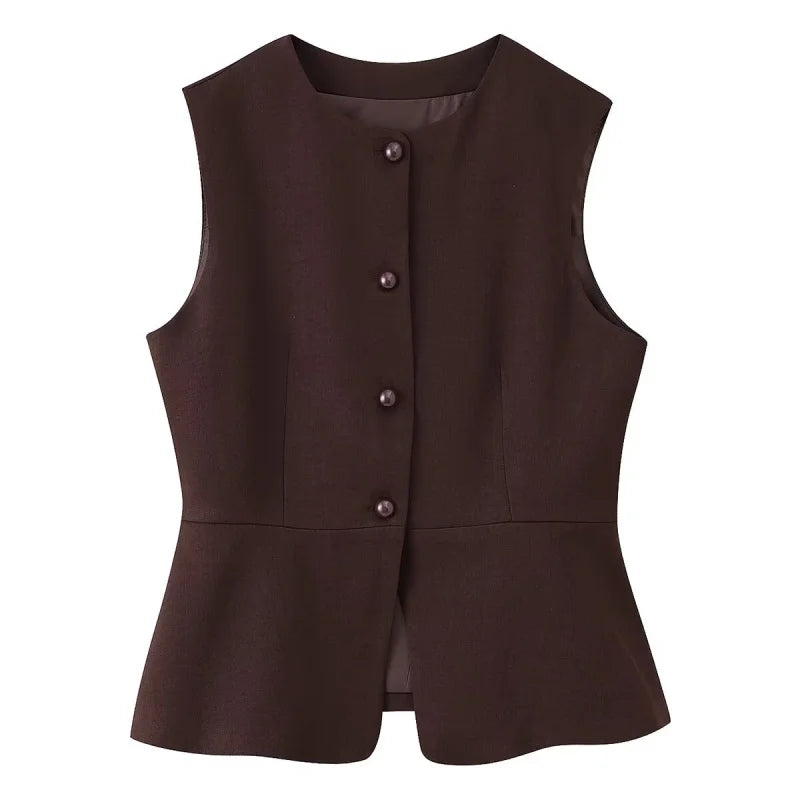 ETJ Autumn 2025 women's elegant fashion solid color round neck vest temperament versatile button up vest - Matrix Studios