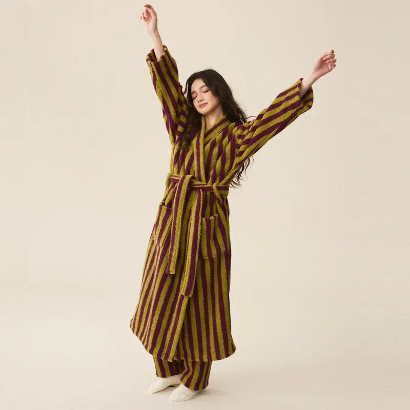 Thickened Flannel Robe Pants Pajamas Set Autumn Winter New Couple Coral Velvet Women Men Bathrobe Striped Lengthed Home Clothes - Matrix-studios.com