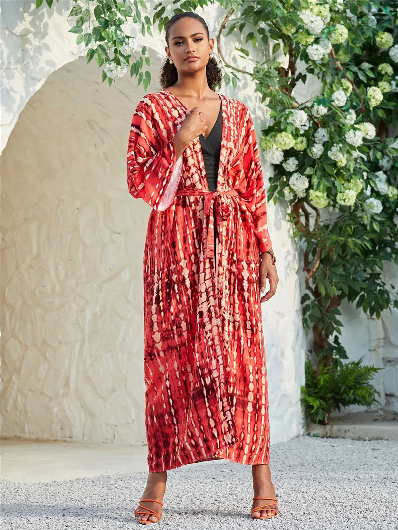 Long Kimono Swimsuit Cover up for Women Stylish Tie Dye Open Front Beach Outfits Bathing Suit - Matrix Studios