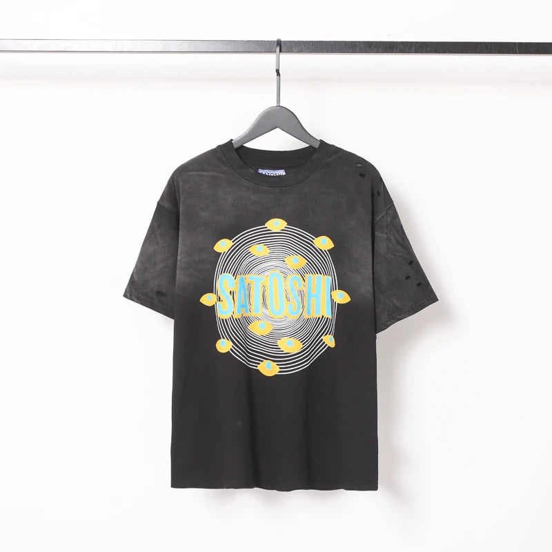 Summer Vintage Distressed Washed Hole SATOSHI Tshirts Cotton Black Circular Line Pattern Short Sleeve Men Women Street Outfit - Matrix-studios.com