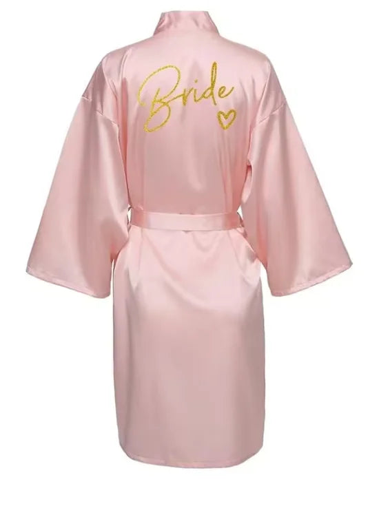 Wedding Party Team Bride Robe Kimono Satin Pajamas Bridesmaid Bathrobe Gold Letter SP089 - Matrix-studios.com
