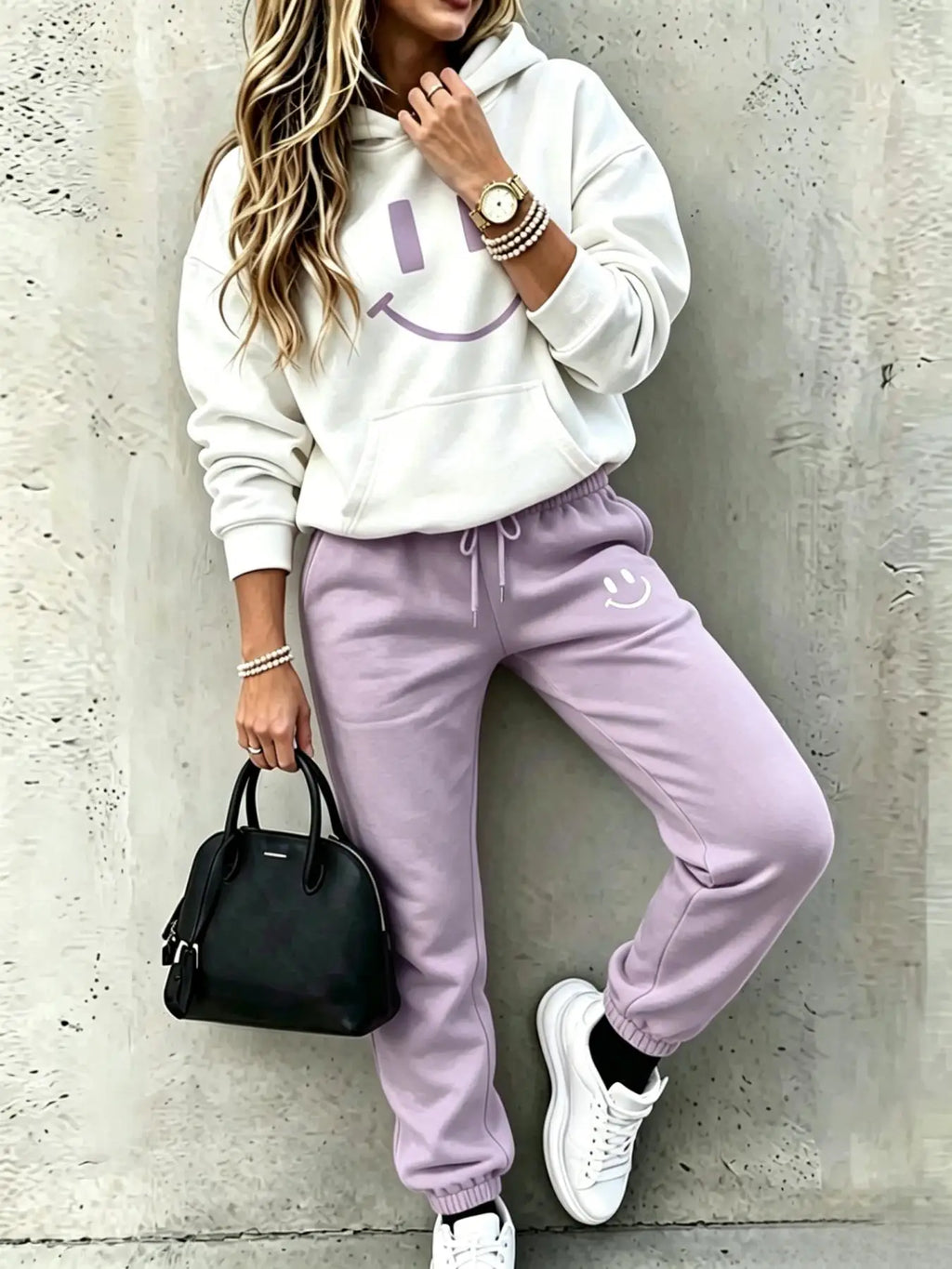 Women Smile Face Print 2 Piece Tracksuit Set, Long Sleeve Hoodie Pullover Top & Drawstring Jogger Pants, Casual Loose Matching Loungewear Street Outfit