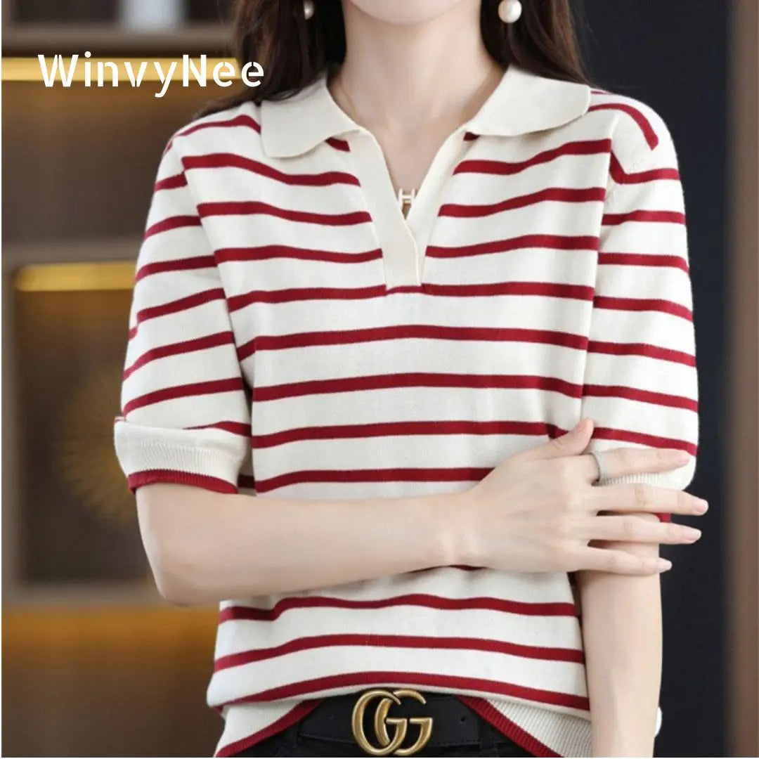 WinvyNee Summer Short Sleeved Women's Solid Polo Shirt Casual Cotton Striped Top T-shirt Women Clothing Casual Knitted A1002001 - Matrix-studios.com