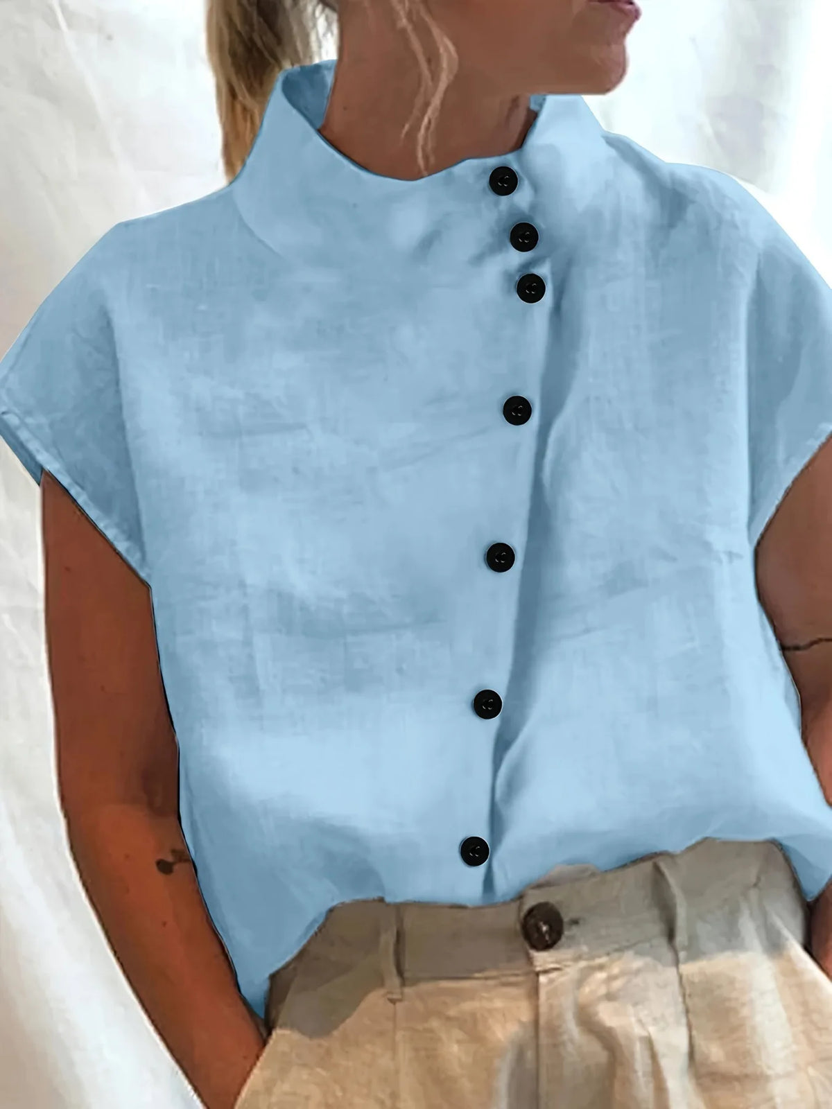 Summer Cotton Short Sleeve Blouse Women 2025 Fashion Button Stand Collar Loose Shirts And Blouses Tops Casual - Matrix-studios.com