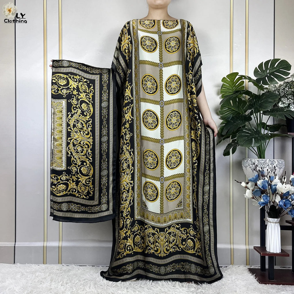 Muslim Abayas For Women 2023 New Fashion Printed Silk Soft Loose Femme Elegant Robe African Maxi Party Dresses With Belt Turban - Matrix-studios.com