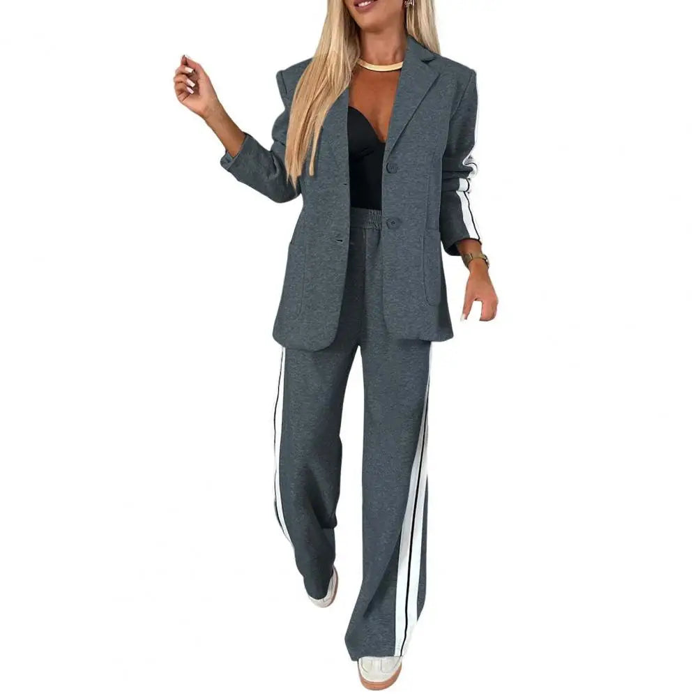 2 Pcs/Set Lady Formal Coat Pants Set Turn-down Collar Single-breasted Long Sleeves Jacket Loose Striped Wide Leg Trousers Casual - Matrix-studios.com