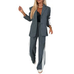 2 Pcs/Set Lady Formal Coat Pants Set Turn-down Collar Single-breasted Long Sleeves Jacket Loose Striped Wide Leg Trousers Casual - Matrix-studios.com