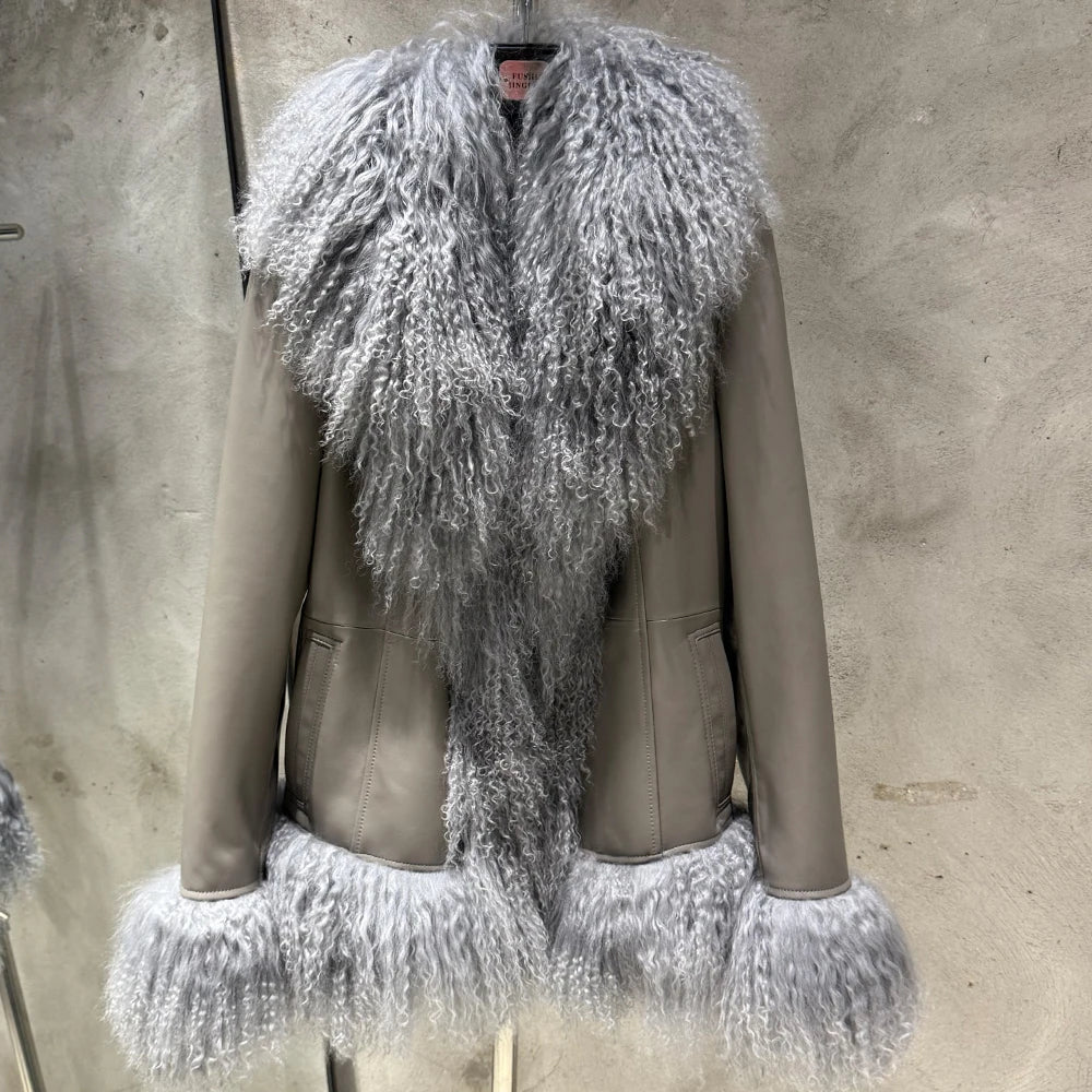 Sheep Fur Leather Coats Women Winter Luxury Mongolian Fur Leather Jackets with Long Sleeve with Natural Mongolian Fur 7251 - Matrix Studios