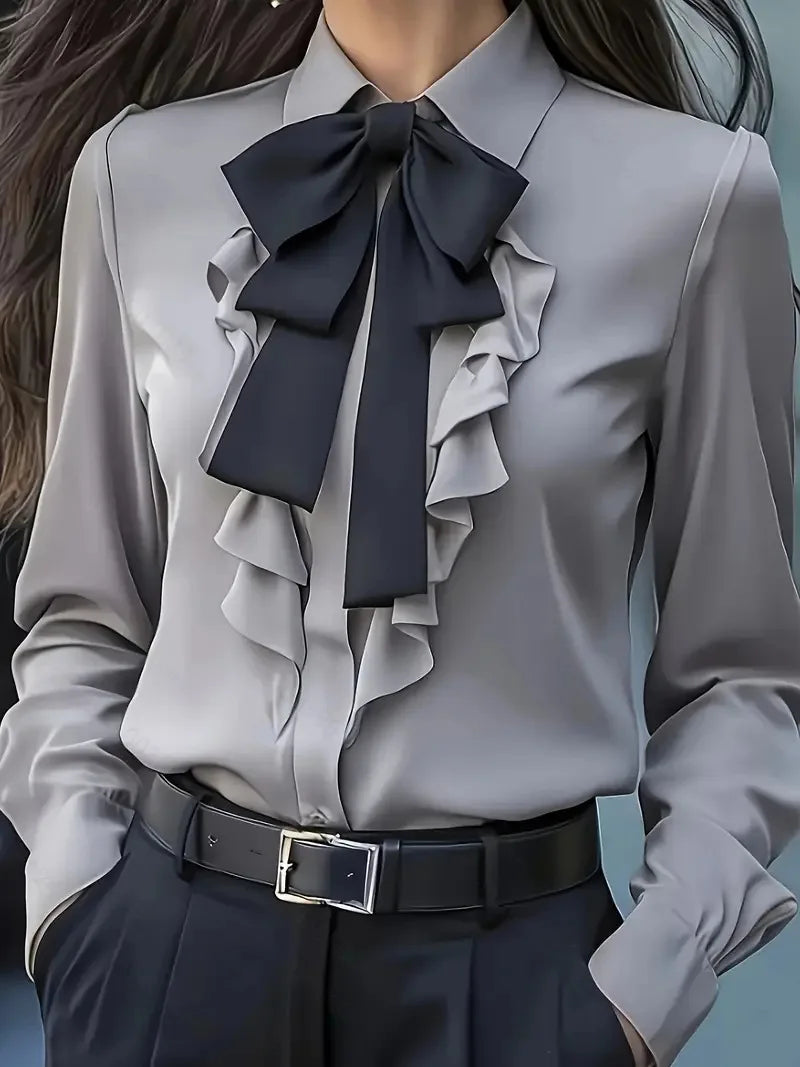 New Autumn Solid Color Lace-up Bow Ruffle Design Shirt For Women Vintage Long Sleeve Blouse White Shirt Autumn Female Clothing - Matrix-studios.com