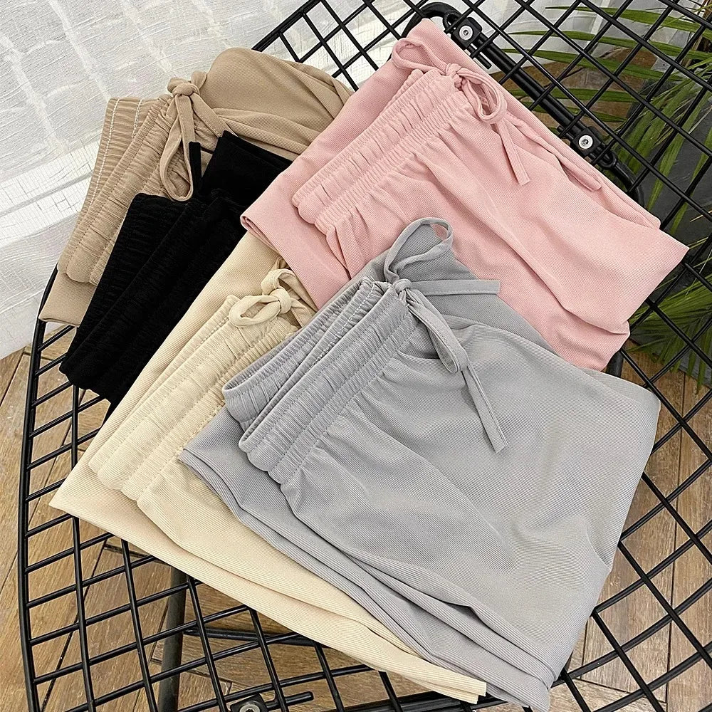 2026 Women Ankle-Length Wide Leg Pants Casual Summer Solid Elastic Waist Loose Ice Silk Pants Spring Summer Female Trousers - Matrix-studios.com
