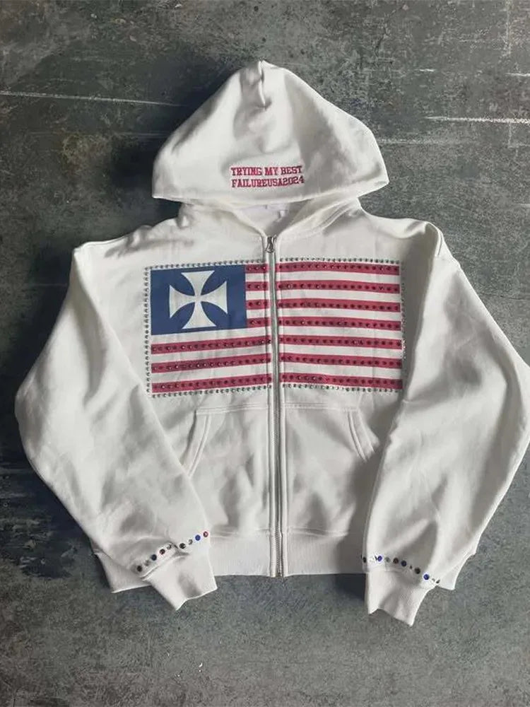 Autumn new national flag minimalist design color collision pattern men hooded sweatshirt Harajuku Y2k loose zipper sweatshirt - Matrix Studios