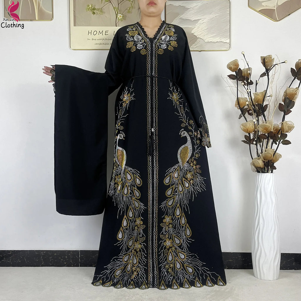 2026New Dubai Muslim Women Modest Dress Diamond Chiffon Elegant Arabic Femme Hijab African Abaya Islamic Long Sleeve Turkey Robe - Matrix-studios.com