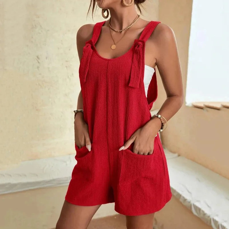 Women's Casual Summer Short Rompers Loose Overall Solid Sleeveless Lace up Wide Leg Pant Tie Knot Strap Jumpsuits with Pockets - Matrix Studios