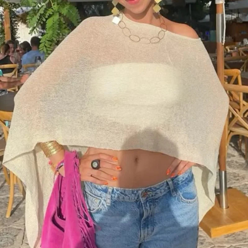 Women Knit Cover-ups Summer Autumn See-through Irregular Loose Pullover Summer Beach Smock Crop Tops Bikinis Cover Ups - Matrix Studios