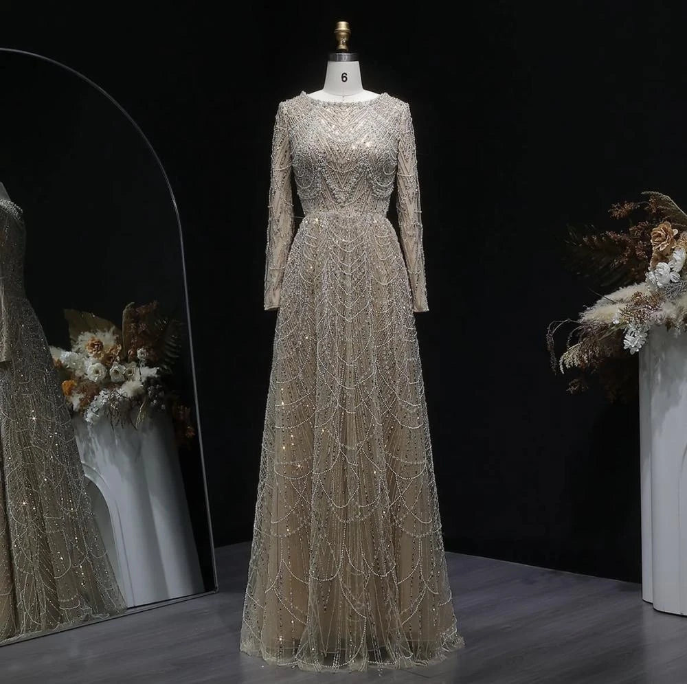 Contessa Custom formal gown elegant beaded tulle evening dress long sleeve boat neck floor length A line glam sparkly prom party - Matrix Studios