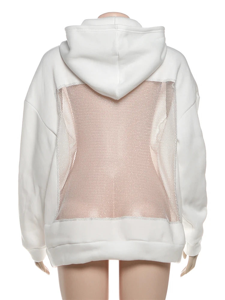 Sisterlinda Hooded Harajuku Sweatshirt Women Autumn Trend Backless ShinyThrea Mesh Patchwork Casual Street Hipster Pulloverr - Matrix-studios.com