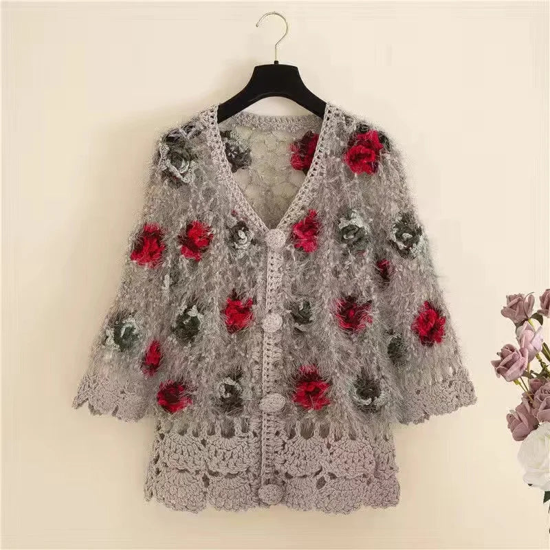 Three-Dimensional Flower Openwork Crocheted Sweater Cardigan Women's Spring And Autumn New Heavy Industry Joker Sweater 3XL Coat - Matrix Studios