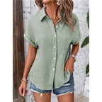 Women Casual Cotton Blouse Vintage Summer Short Sleeve Slim Shirt Elegant Turn Down Collar Solid Tunics Harajuku Streetwear Tops - Matrix-studios.com