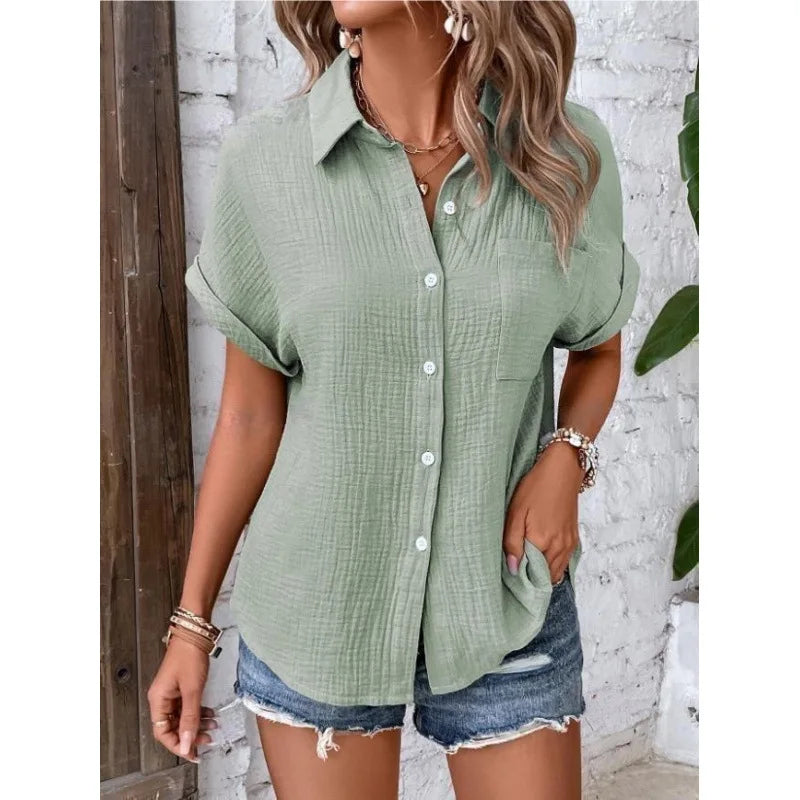 Women Casual Cotton Blouse Vintage Summer Short Sleeve Slim Shirt Elegant Turn Down Collar Solid Tunics Harajuku Streetwear Tops - Matrix-studios.com